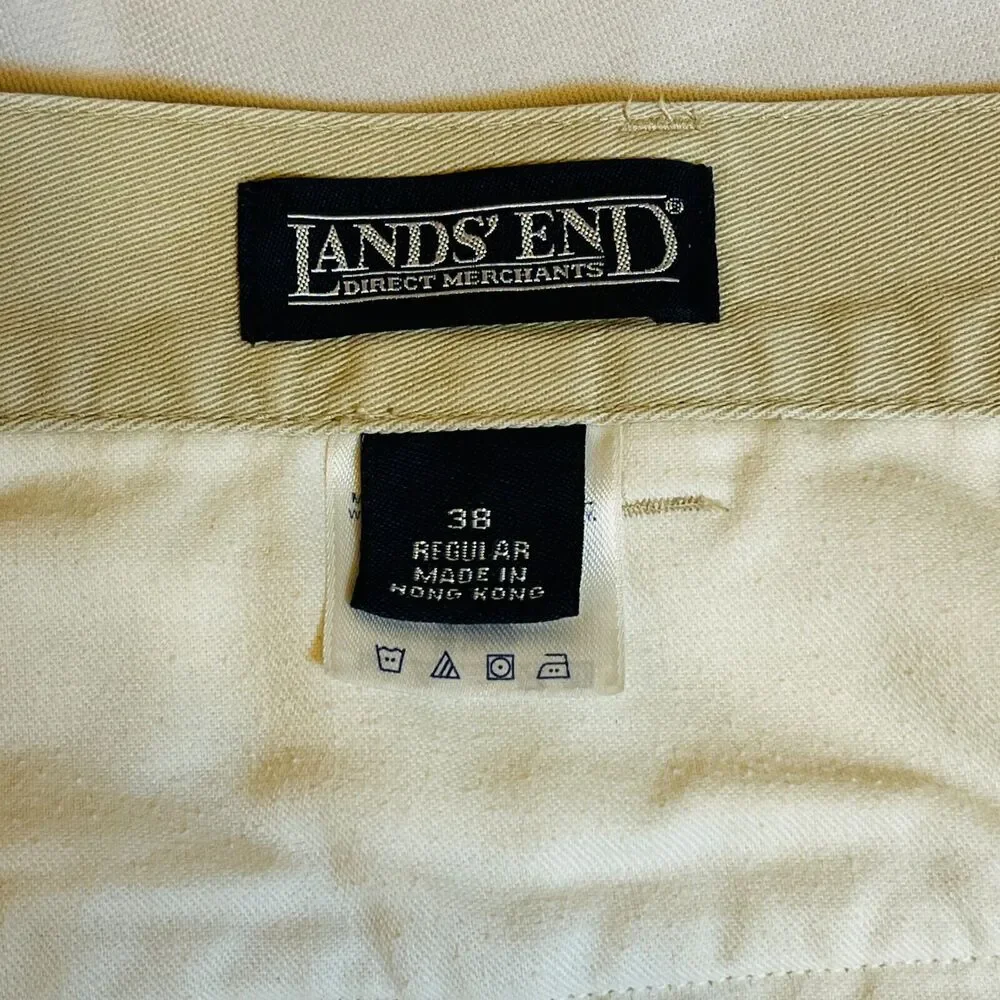 Lands' End Mens Shorts Sz 38 Beige Denim Slash and Back Button Pocket Belt Loops